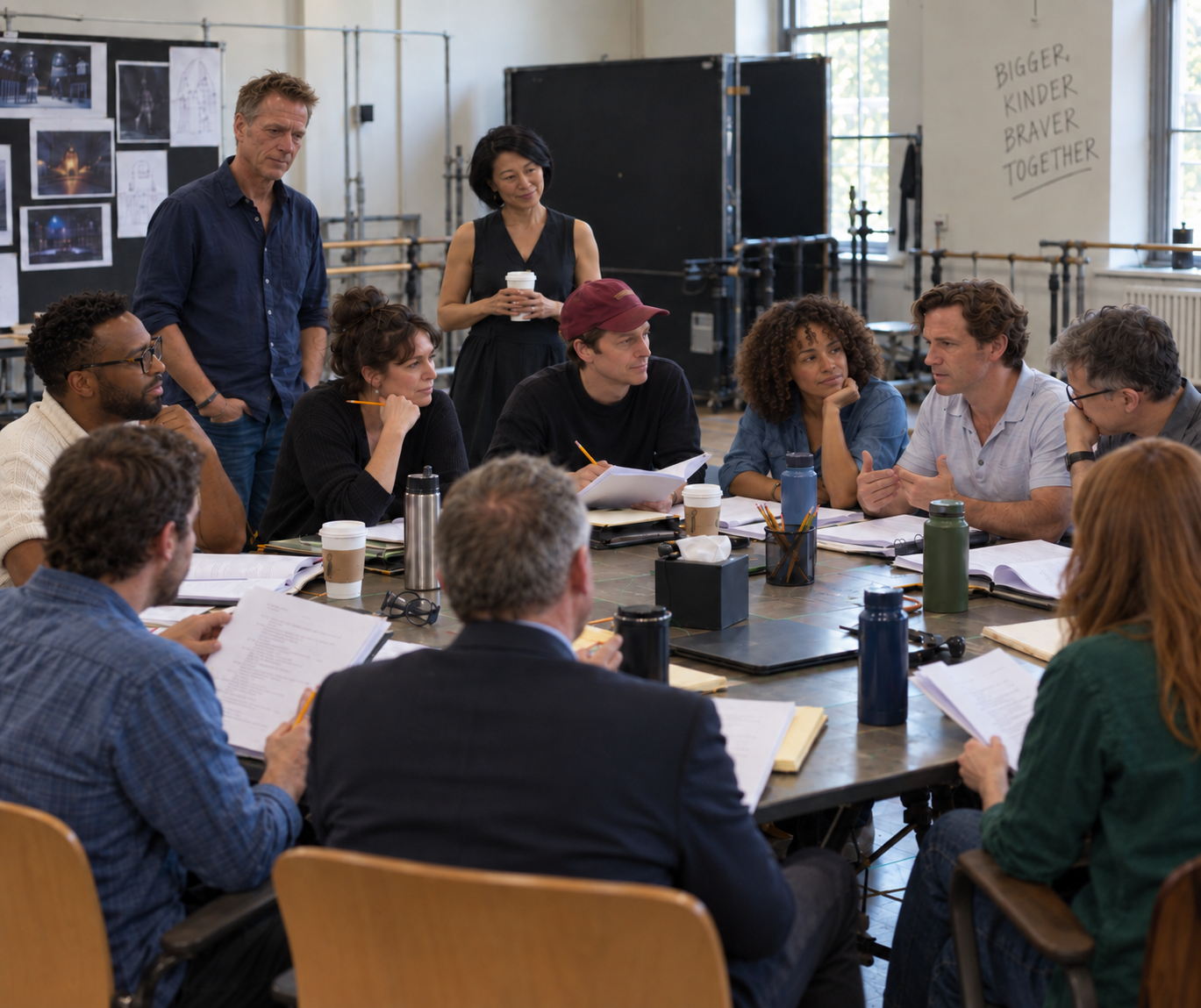 A company and creative team gathered around a table for a script reading